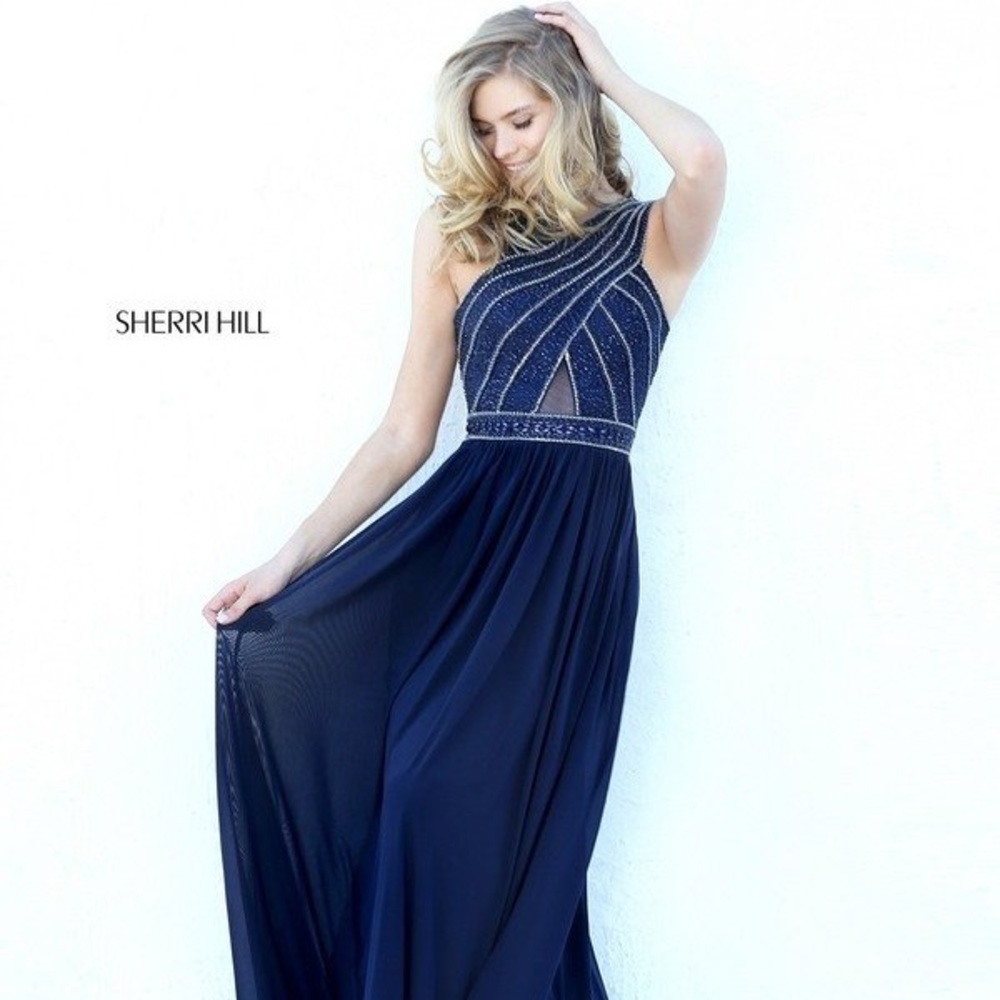 Sherri Hill navy prom formal dress